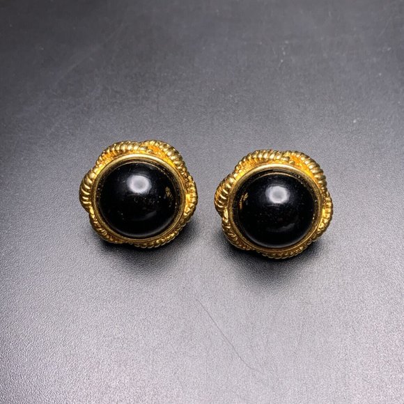 Chunky Black Plastic Cabochon Pierced Earrings Gold Tone Round Classic Vintage - Picture 3 of 6